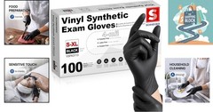 Black Vinyl Exam Gloves 4 Mil, Large, Pack of 100, Latex-Free, Waterproof