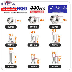 440 Pieces Flat Hex Socket Head Cap Screws Kit 304 Stainless Steel M3 M4 M5 Metr