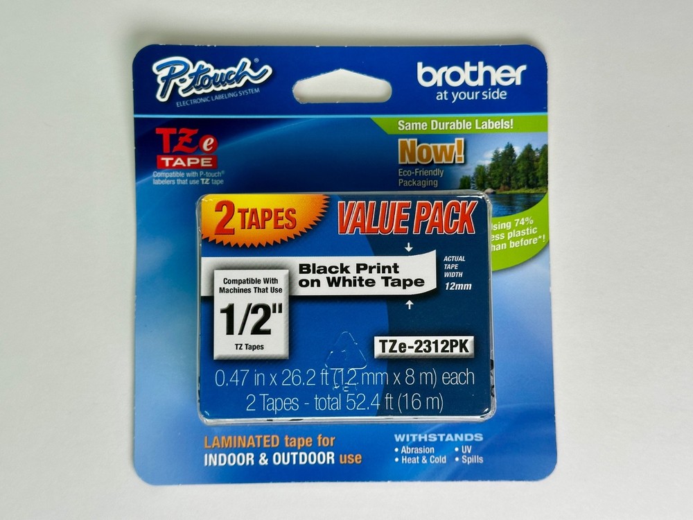 2 Pack Brother Genuine P-Touch, TZe-231 Tape TZE2312PK Black Print White Tape