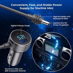 Starlink Mini Car Charger (10FT): 12-48V DC, Display, 40W PD & 35W Ports