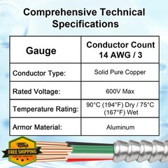 XRDS -RF 14/3 Metal Clad MC Cable 75FT, 14/3 Electrical Wire 3 Conductor Armo…