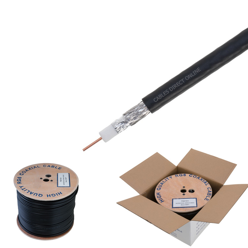 RG6 500FT Cable Bulk Coaxial Wire Dual Shield 18AWG Black Coax Satellite TV