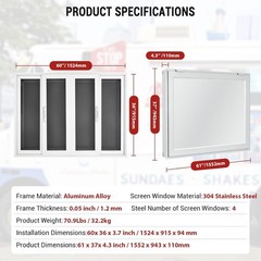 60″W x 36″H Concession Stand Serving Window Food Truck Service Awning Aluminum