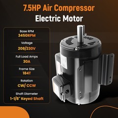 Air Compressor Motor 7.5HP 3450 RPM 1-1/8″ Shaft 184T Frame ODP 230V 30A CW/ CCW