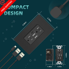 TOPELER Black USB Wall Outlet, 6.0Amp Electrical Socket with 15 Amp,