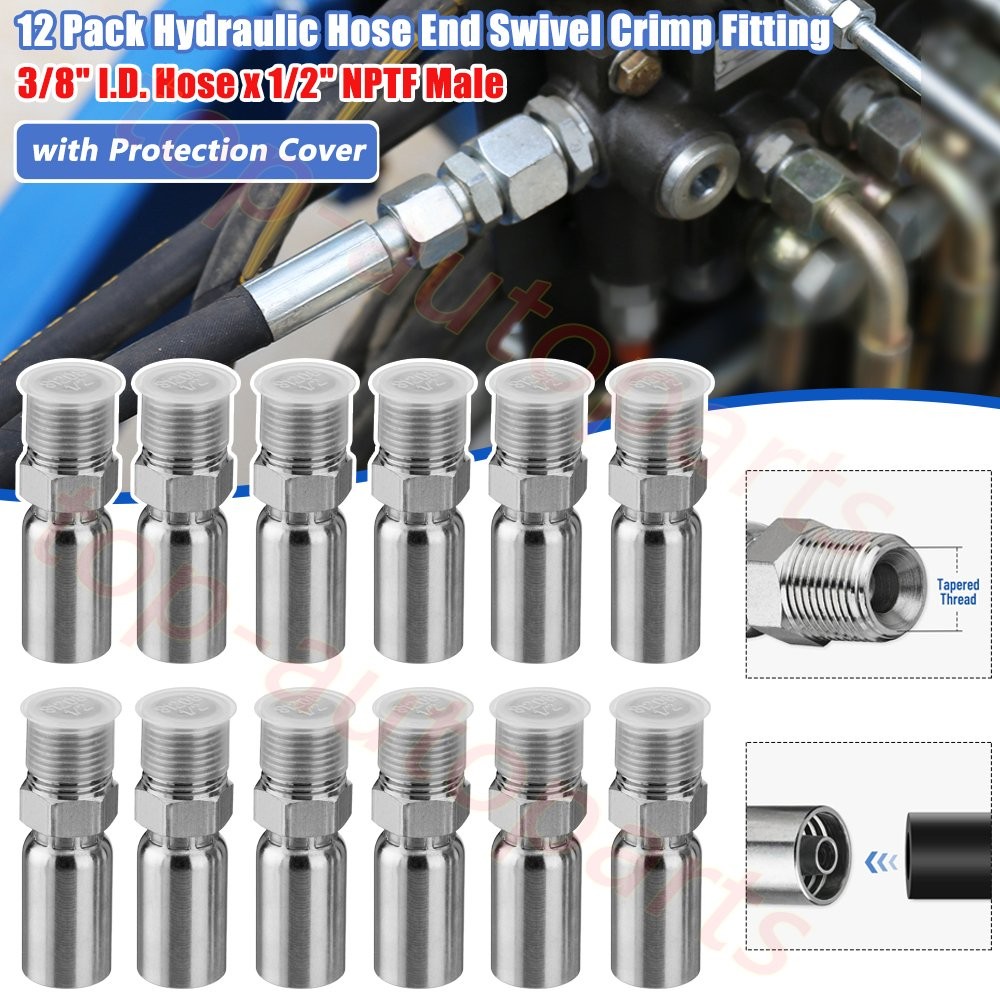 12PCS 1/2″ NPTF Hydraulic Hose Fittings, 3/8″ I.D. Hose x 1/2″ NPTF Male w/Cover