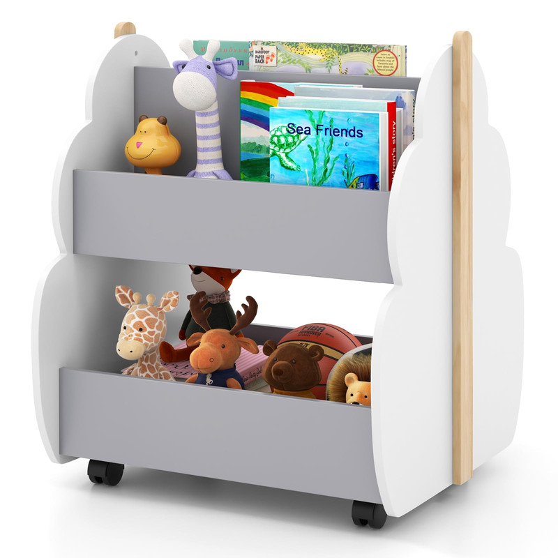 Costzon Kids Bookshelf Universal Wheels 2-Tier Toddler Bookshelf Wooden Book