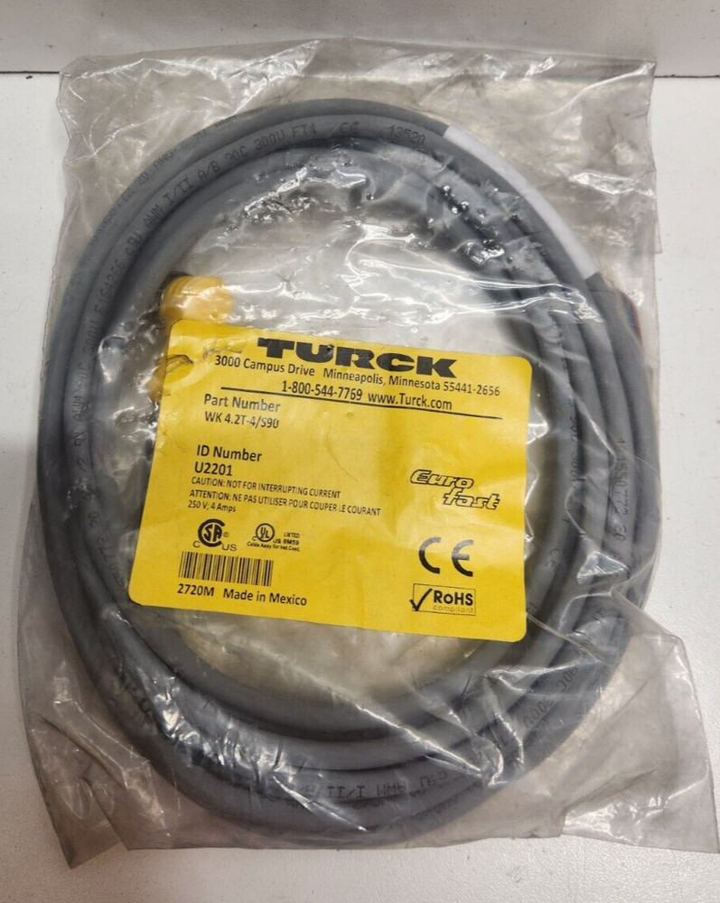 NEW IN BAG! TURCK M12 EUROFAST RIGHT ANGLE FEMALE CONNECTOR U2201 WK 4.2T-4/S90