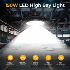 150W LED High Bay Light, 22500LM 5000K Bright Daylight for Warehouse Factory Gar