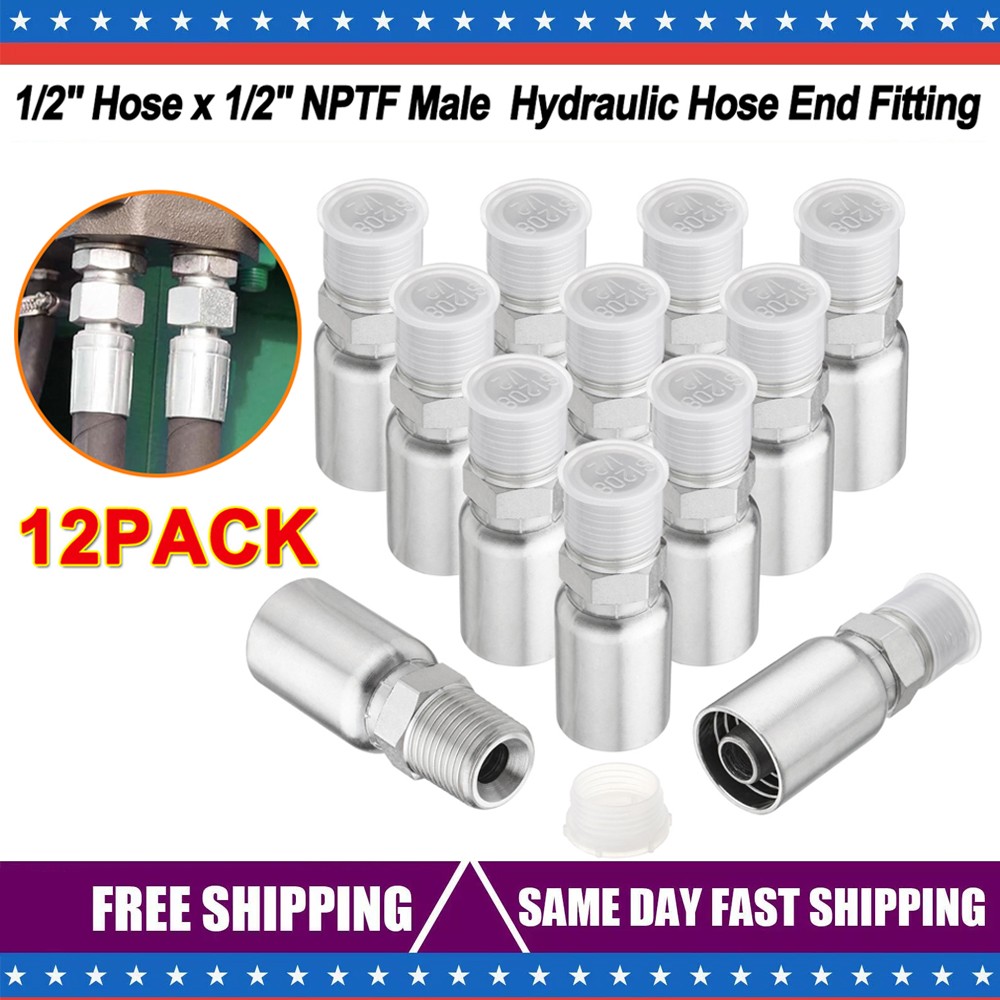 12 Pack 1/2″ Hydraulic Hose Fittings, 1/2″ I.D. Hose x 1/2″ NPTF Male with Cover