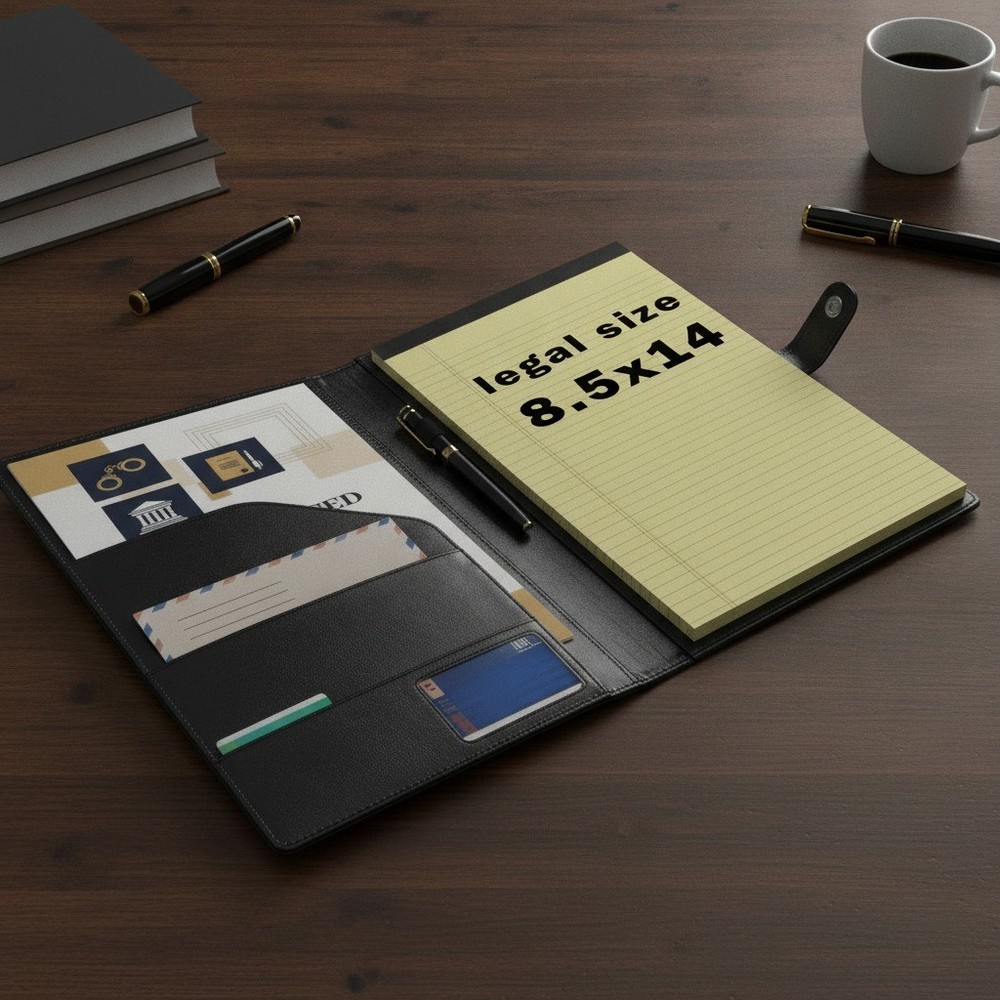 Legal Size Padfolio, 8.5 x 14 in, 50-Sheet, Black PU Leather, Pen Holder