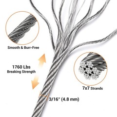 Yessources 500-ft 1/8″ T316 Stainless Steel Cable 7×7 Wire Rope for Deck Railing