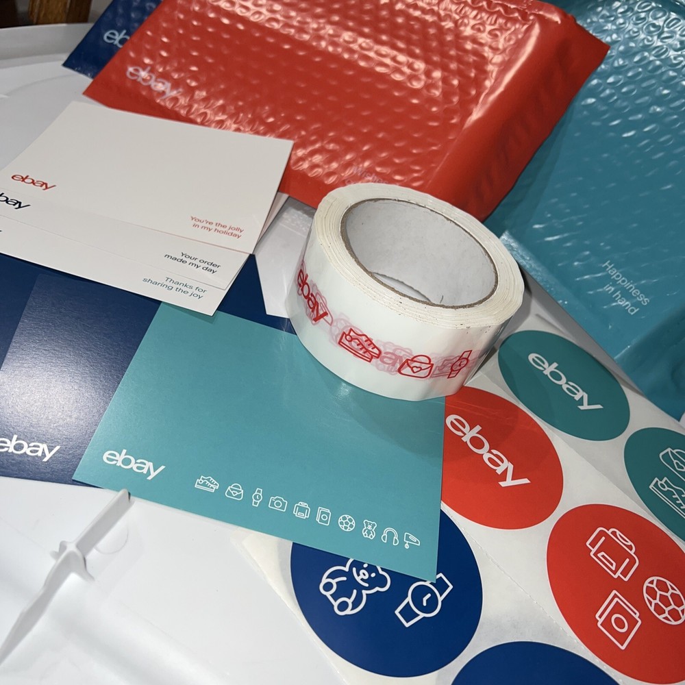 25 eBay Branded Shipping Supplies STARTER KIT Red Tape Postcard Bag FUN COLORS