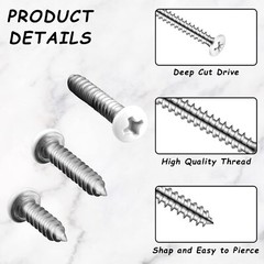 120 Pcs #8 White Head Wood Screws Self Tapping 3 Assorted Sizes for Wall