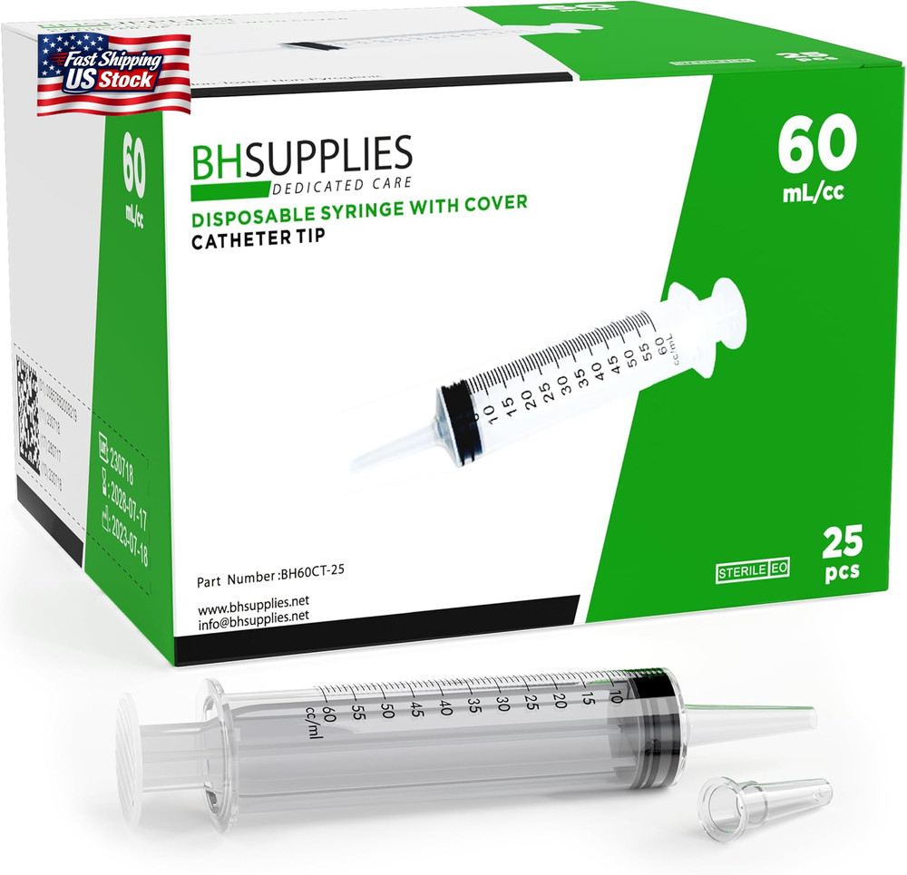 BH Supplies 60Ml Syringe Catheter Tip Sterile with Caps – (No Needle) – Sterile,