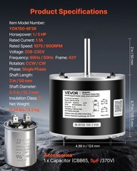 VEVOR Condenser Fan Motor with Capacitor 1/5HP 1075/900RPM 208-230V CW/CCW