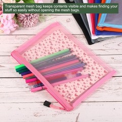 6 Pack Mesh Cosmetic Bags A5 Nylon Pencil Cases Zipper Organizer Black