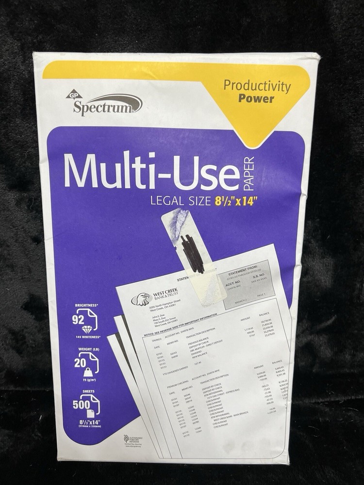 Spectrum Multi-Use Legal size paper 8.5”x 14” NEW IN PACKAGE 500 Sheets
