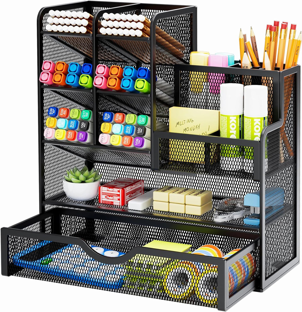 Marbrasse Mesh Pen Holder for Desk, Multi-Functional Pencil Organizer with Drawe