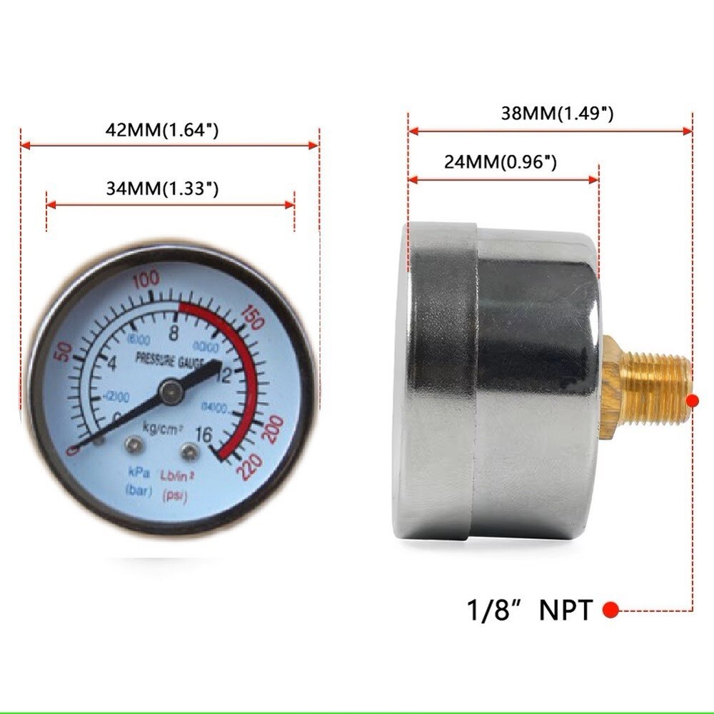 2 PCs Air Compressor Pressure Gauge 0-220 PSI 1/8 NPT Back Mount