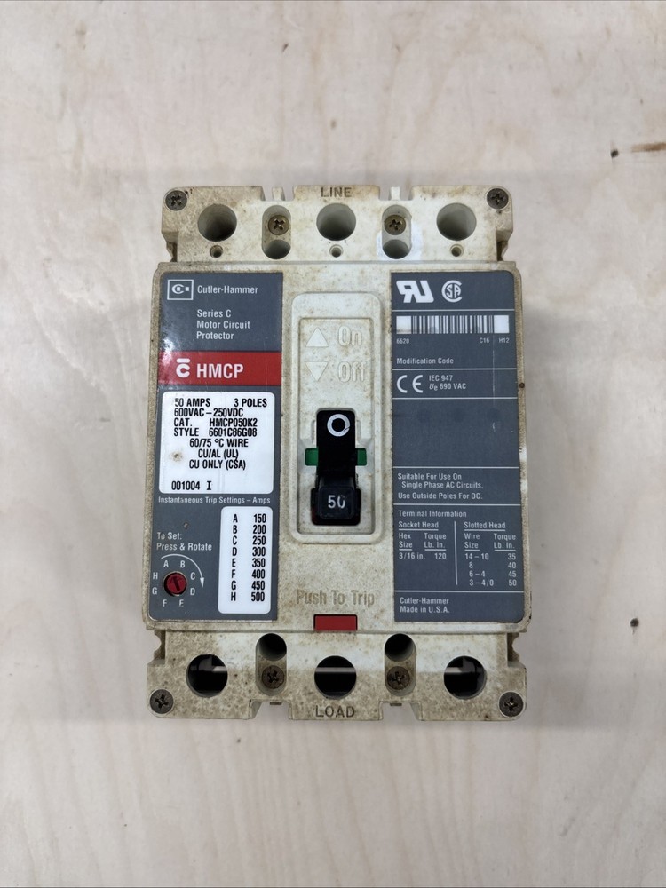 Cutler Hammer HMCP050K2 C Style 6601C86G08 Motor Circuit Protector 50A 3P 600V