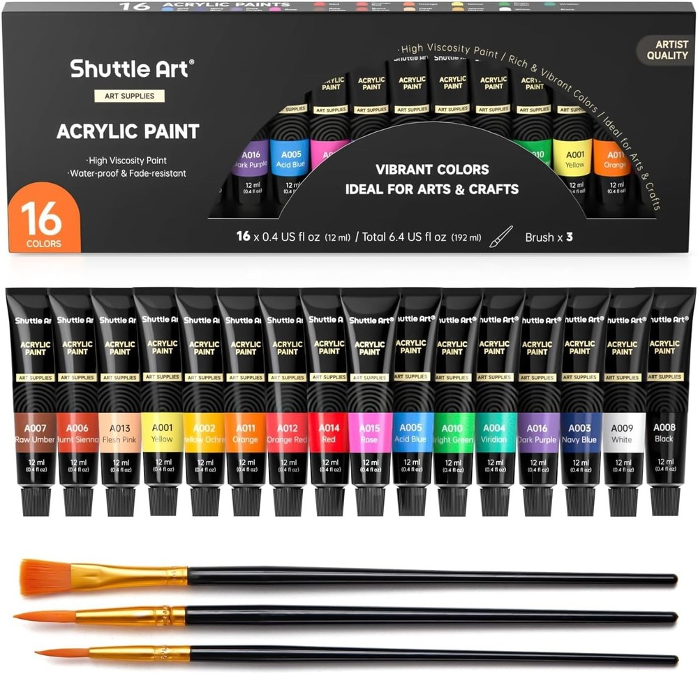 Acrylic Paint Set, 16 x12ml Tubes Artist Quality Non Toxic Rich Pigments Colors