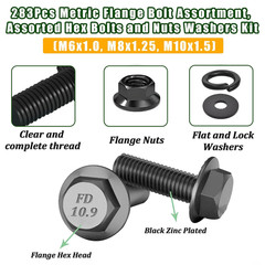283-Piece Metric Flange Bolt & Nut Assortment Kit, M6–M10, 10.9 Zinc Coated