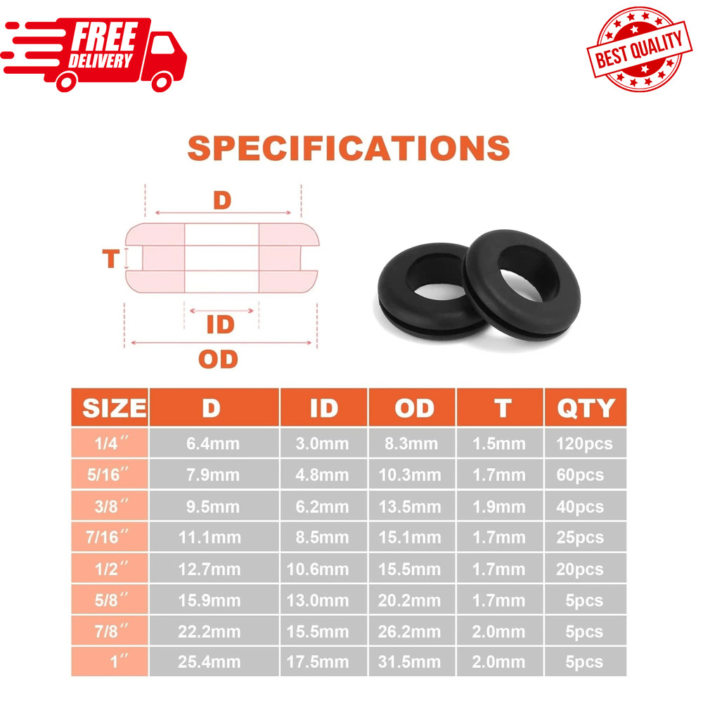 280 Rubber Grommets Kit Hole Gaskets Assortment Wiring Car Auto Firewall 8 Sizes