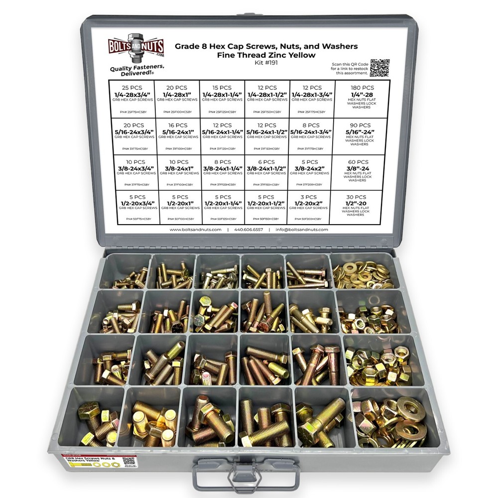 Grade 8 Hex Cap Screws Nuts Washers Fine Thread Zinc Yellow Assortment – 575PCS