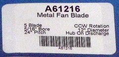 A61216 Metal Fan Blade 12″ Diameter 5 Blades 5/16″ Bore Hub CCW 24 Degree Prop