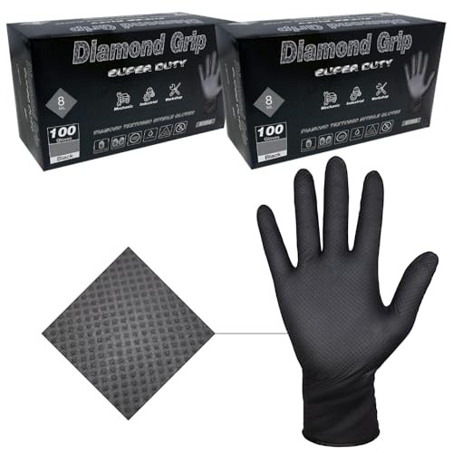 Heavy Duty Industrial Black Nitrile Gloves with Raised Diamond Texture, 8-mil