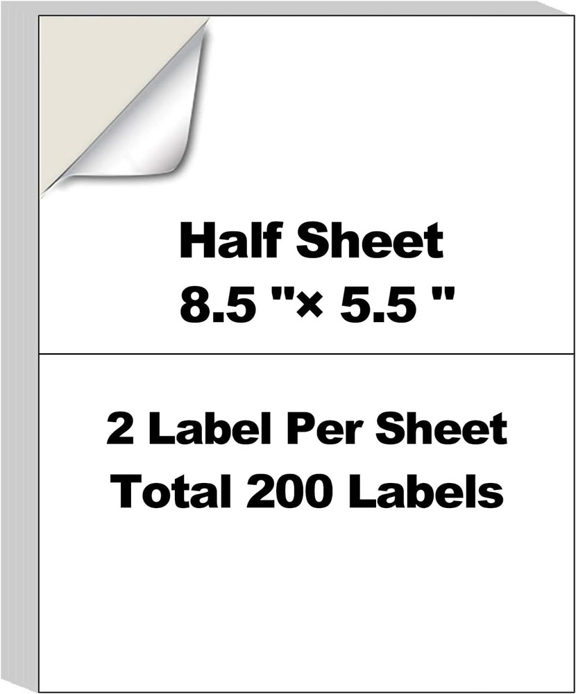 100 Sheet Half Page Shipping Labels 8.5 x 11 Sheets White Permanent Adhesive