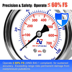 NexSphere 0-100 PSI Liquid Filled Pressure Gauge, 1/4 NPT Lower Mount, 2.5 Di…