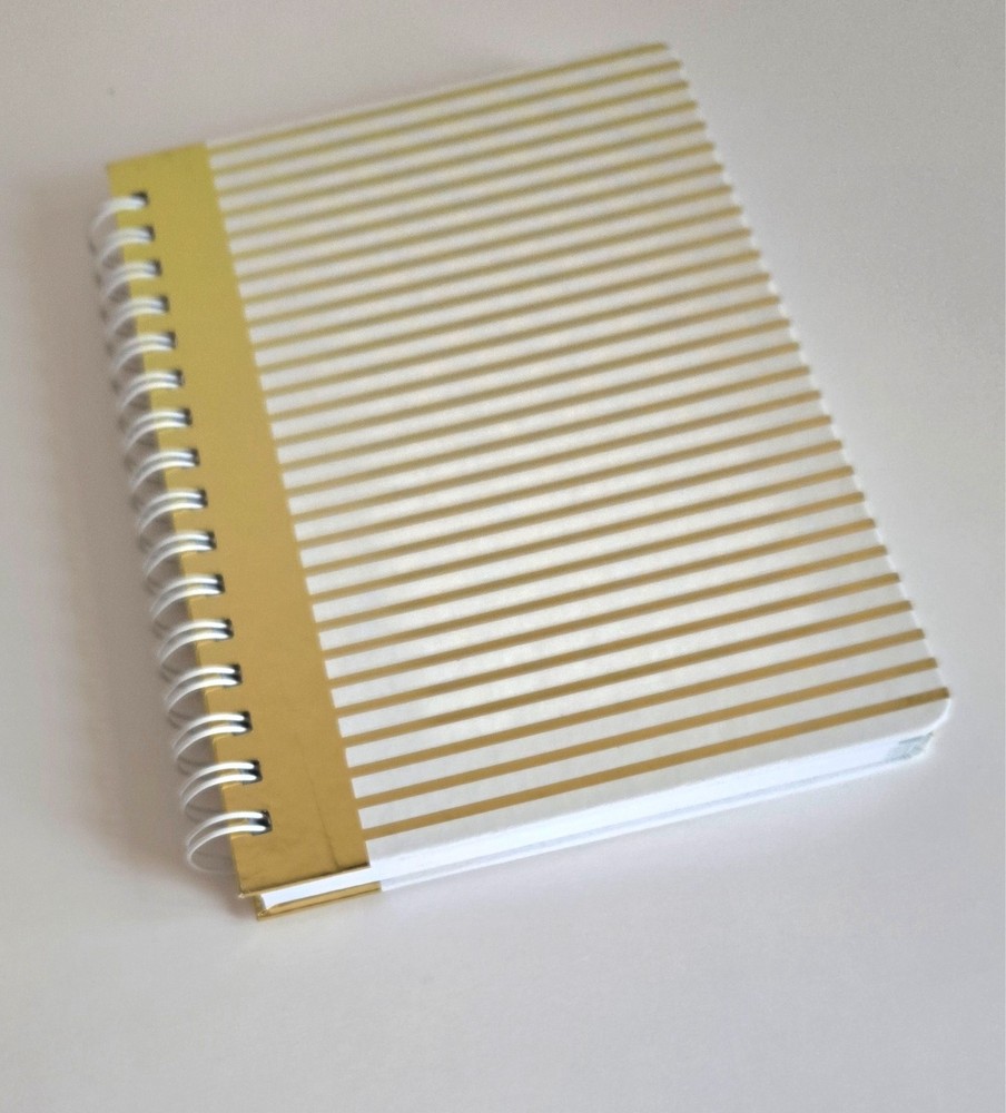 Spiral Journal 120 Pages Lined 8.12×6.25 Wire Bound Gold -White Hard Cover NWOT
