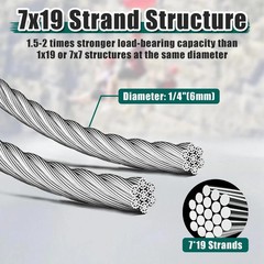 1/4″ Stainless Steel Cable, 25FT Wire Rope with Clamps and Thimble, 7X19 Strands
