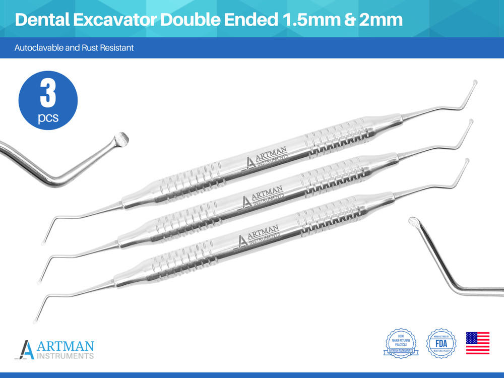Dental Excavator Double Ended 1.5mm & 2mm Set of 3 Restorative Endodontic ARTMAN