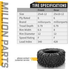 LEADZM Set of 4 ATV UTV Tires 25×8-12 Front & 25×10-12 Rear, 6PR