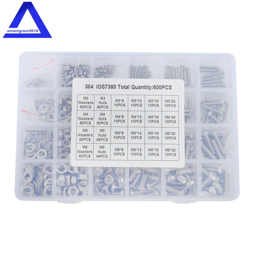 600PCS M3 M4 M5 M6 Stainless Steel Flanged Bolts and Nuts Kit,16 Common Sizes