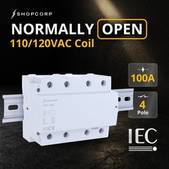 4 Pole NO Contactor 100A 120V Coil IEC 500V with DIN Rail and Screws Included