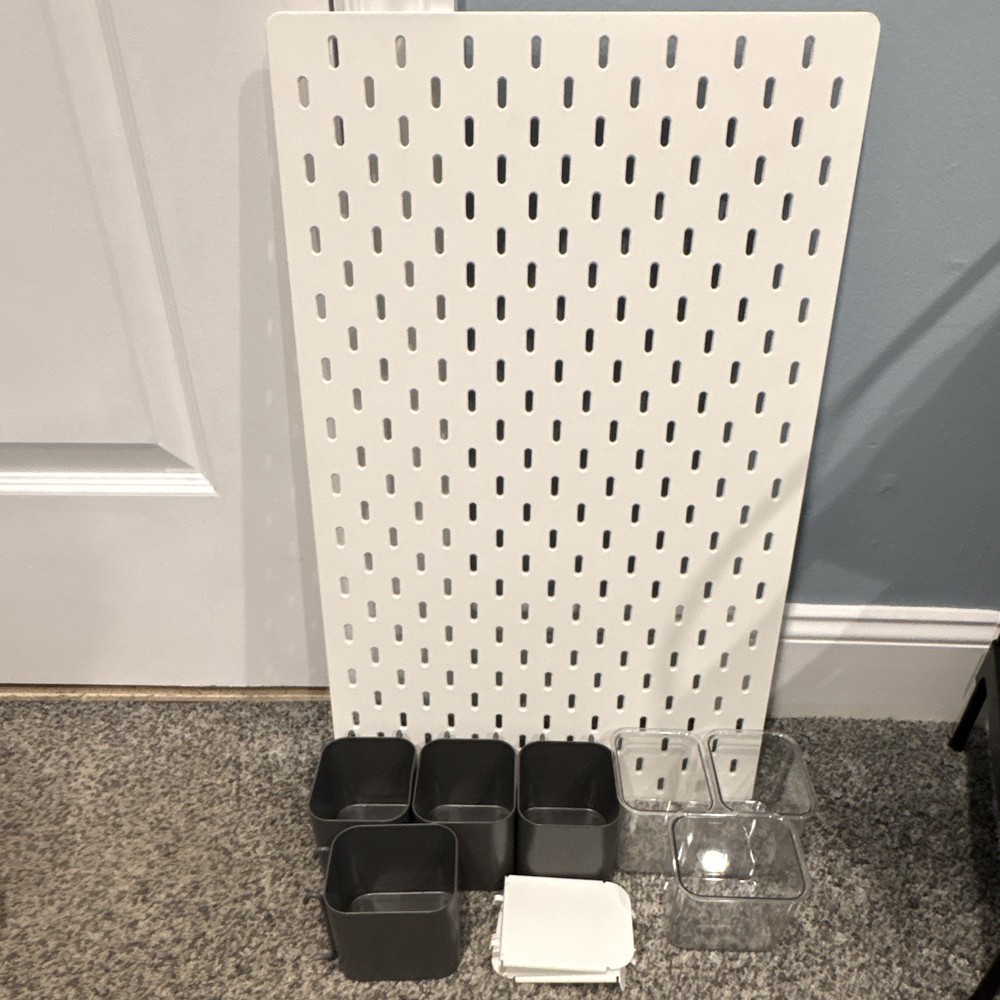 Wall Mounted White Plastic Pegboard Organizer w/ Bins & Containers, 1/4 in