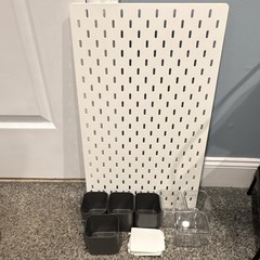 Wall Mounted White Plastic Pegboard Organizer w/ Bins & Containers, 1/4 in
