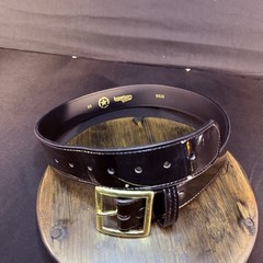 Boston Leather Belt Size 30″ High Gloss Black Garrison Gold Buckle Made in USA