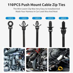 110 PCS Automotive Installation Black Push Mount Cable Zip Ties Assorted US NEW