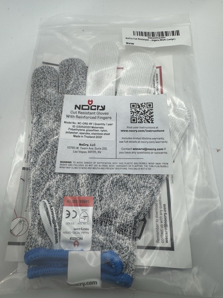 NoCry Cut Resistant Gloves With Reinforced Fingers In Size Large New In Package