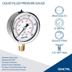 0-100 Psi Glycerin Liquid Filled Low Pressure Gauge, 2.5″ Dial Size, 1/4″ NPT Lo