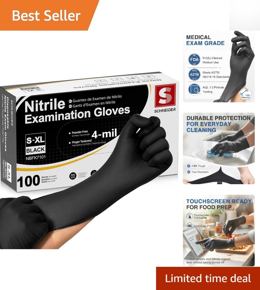 Heavy-Duty Latex-Free Disposable Nitrile Gloves – 100 Count Black Food Safe