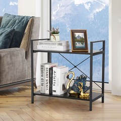 2-Shelf Durable Bookcase Steel Frame Bookrack Mini Retro Display Bookshelf Black