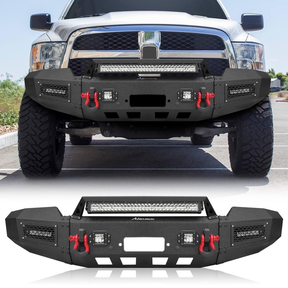 Front Bumper 2019-2024 2500 3500 Winch Plate LED Lights D-Rings Offroad Black