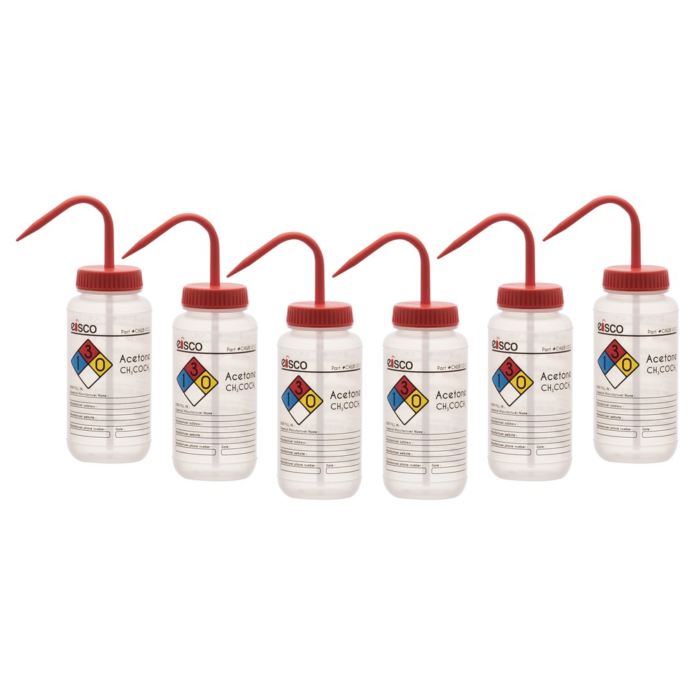 6PK Acetone Wash Bottle, 500ml – Wide Mouth, Pre-Labeled – LDPE – Eisco Labs
