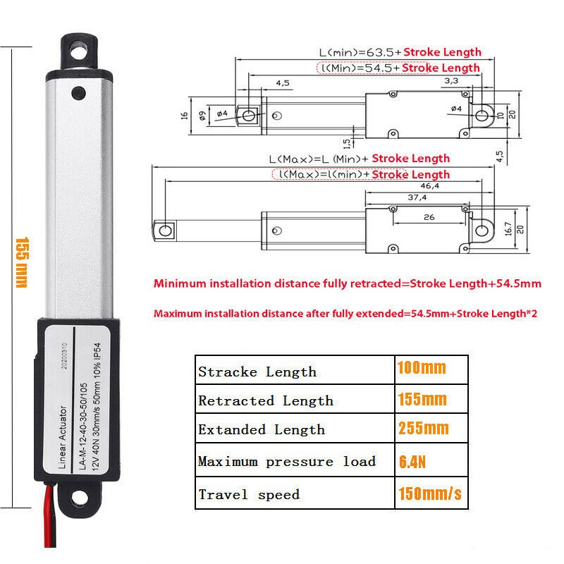 Electric Mini Micro Linear Actuator 12V 4″ 100mm 6.4N/1.4lbs 150mm/s Fast Speed